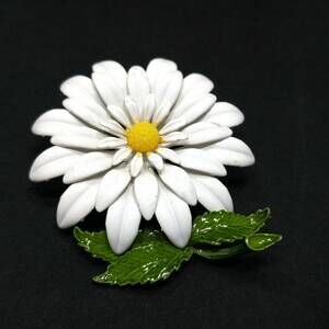 Vintage White Enamel Flower Brooch, 1960s Jewelry